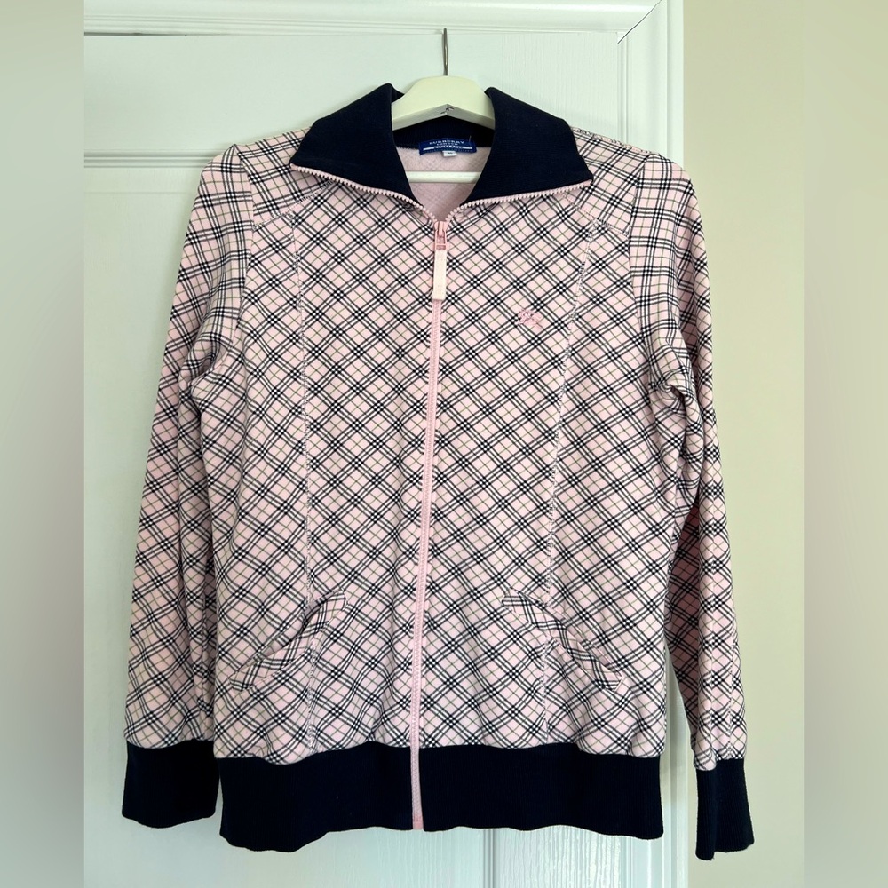Burberry Pink and Navy Plaid Zip Jacket Size 40